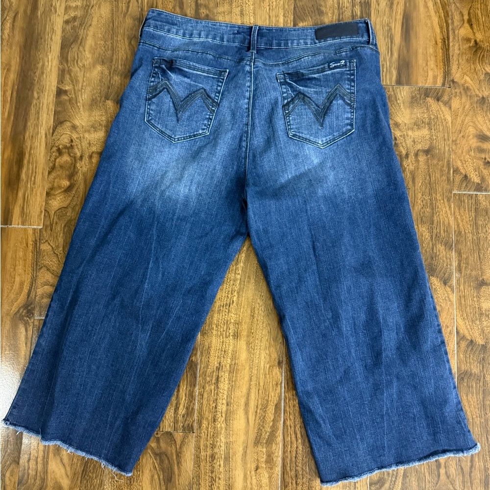 Blue Denim Wide-Leg Capri Jeans